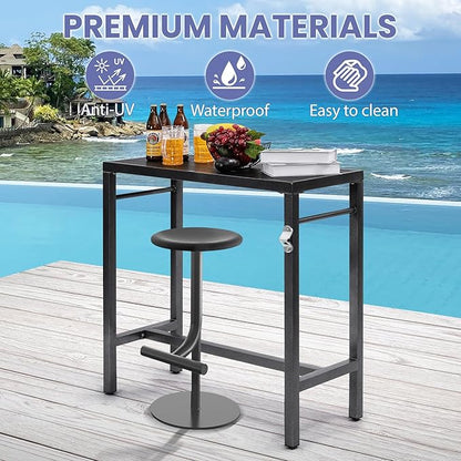 39*39*17 Outdoor Bar Table Extra Wide,Tall Bar Height Outdoor Pub Table, Ideal for Patio, Hot Tub, Dining, Balcony, Poolside, Weatherproof Composite Top, Rustproof, Built In Bottle Opener,Black