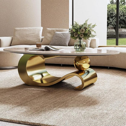 Marble Grain Coffee Table with Gold Stainless Steel Pedestal,Modern Coffee Tables,Oval Living Room Table with Faux Marble Top & Luxury Legs,Sintered Stone Cocktail Center Table,49.2 inch