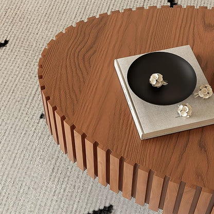 43.31" Oval Drum Coffee Table, Modern Handcraft Fluted Drum Center Table, Wooden Oval Coffee Table Center Table with Sturdy Pedestal for Living Room Apartment (Natural Wood)