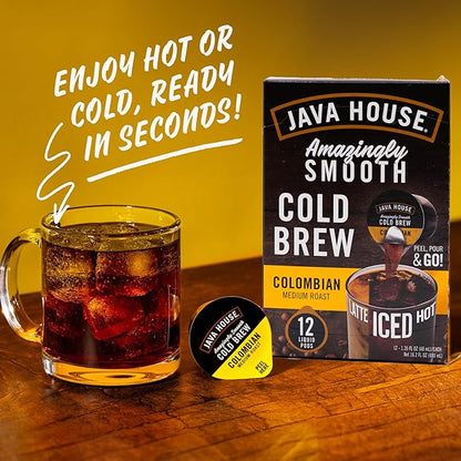 JAVA HOUSE Medium Roast Colombian Cold Brew Pods, (36 Count) Peel and Pour Pods Hot or Iced Instant Coffee Concentrate