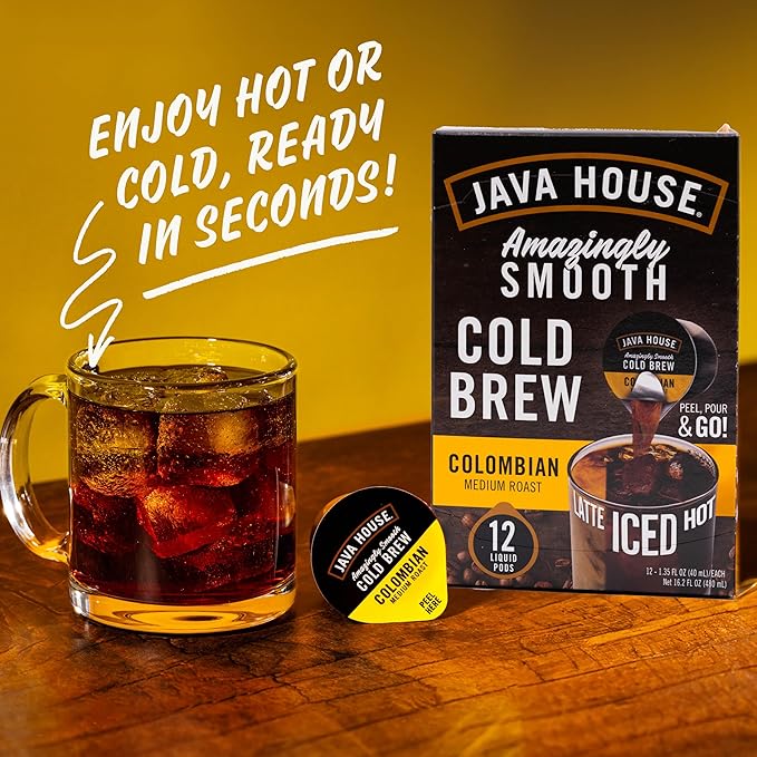 JAVA HOUSE Medium Roast Colombian Cold Brew Pods, (48 Count) Peel and Pour Pods Hot or Iced Instant Coffee Concentrate