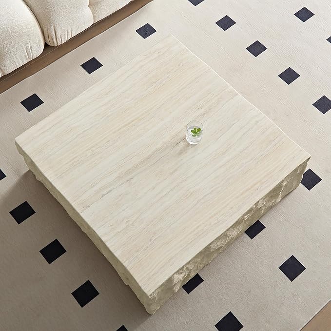 Faux Rock Coffee Table,Drum Coffee Table Fiberglass Square Tea Table for Living Room, Accent Imitation Stone Central Table No Need Assembly, Beige White