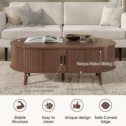 Alohappy Oval Coffee Table, Mid Century Modern Coffee Table with Sliding Tambour Door, Fluted Center Table with Hidden Storage, Curved Profile Dining Table for Living Room, Home Office,Walnut