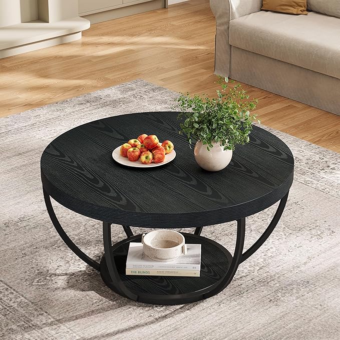 Tribesigns Black Round Coffee Table, 31.7" Modern 2-Tier Circle Coffee Table with Storage Shelves, Accent Cocktail Table Center Table for Living Room