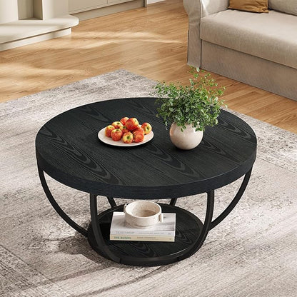 Tribesigns Black Round Coffee Table, 31.7" Modern 2-Tier Circle Coffee Table with Storage Shelves, Accent Cocktail Table Center Table for Living Room