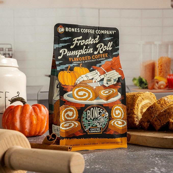 Bones Coffee Company Frosted Pumpkin Roll Flavored Coffee, Medium Roast Low Acid Arabica Beans Compatible with Auto drip and French Press Coffee Maker, 12 Oz Whole Bean