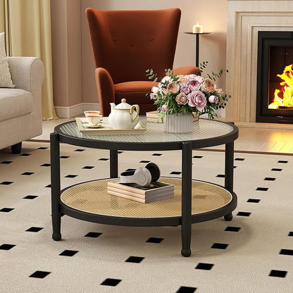 Rattan Round Coffee Table for Living Room, 32" Boho Circle Table with Tempered Glass Desktop Rustic Solid Wood Farmhouse Accent Center Storage Table (Black, 31.5" D x 31.5" W x 17" H)