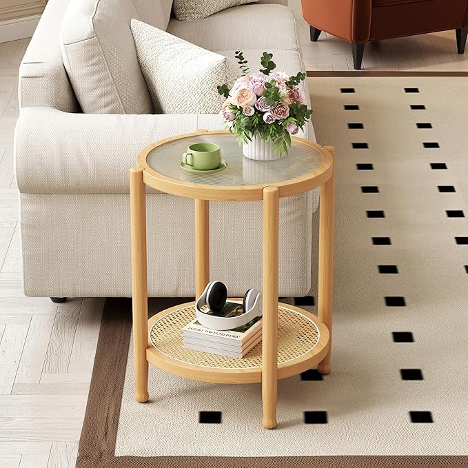 Rattan Round Side Table, 24" Boho Rustic Circle End Table Sofa Table with Storage and Solid Wood Farmhouse Frame for Living Room, Balcony, Bedroom (Natural, 23.6" D x 23.6" W x 19.7" H)