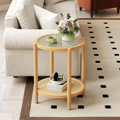 Rattan Round Side Table, 24" Boho Rustic Circle End Table Sofa Table with Storage and Solid Wood Farmhouse Frame for Living Room, Balcony, Bedroom (Natural, 23.6" D x 23.6" W x 19.7" H)