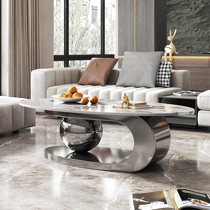 Marble Grain Coffee Table with Silver Stainless Steel Pedestal,Modern Coffee Tables,Oval Living Room Table with Faux Marble Top & Luxury Legs,Sintered Stone Cocktail Center Table,51.20inch