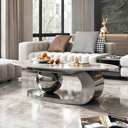 Marble Grain Coffee Table with Silver Stainless Steel Pedestal,Modern Coffee Tables,Oval Living Room Table with Faux Marble Top & Luxury Legs,Sintered Stone Cocktail Center Table,51.20inch