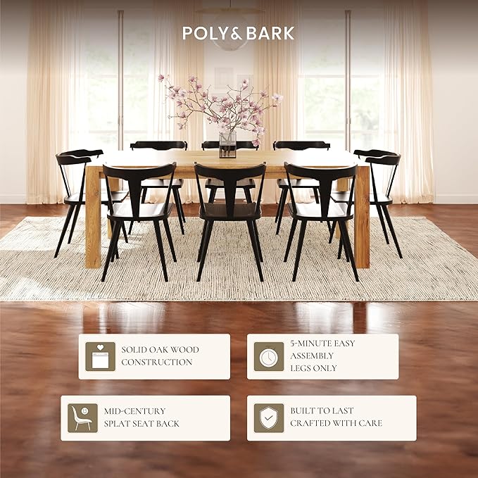 Poly & BARK Mid Century Modern Enzo Black Dining Chair – Solid Oak Wood Splat Back Chair, 18" Seat Height, 32" Tall – Stylish MCM Kitchen & Dining Room Chair - Set of 4
