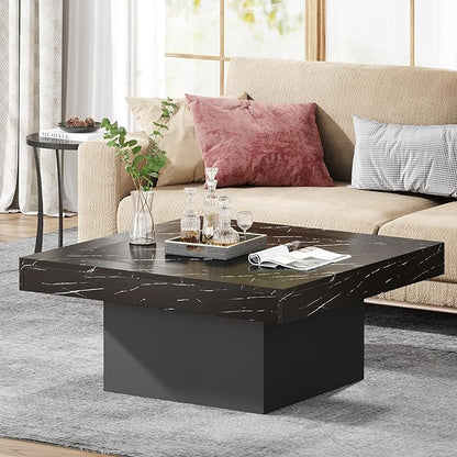 Tribesigns LED Coffee Table Square Engineered Wood Low Coffee Table for Living Room (Faux Marble Black+Black)