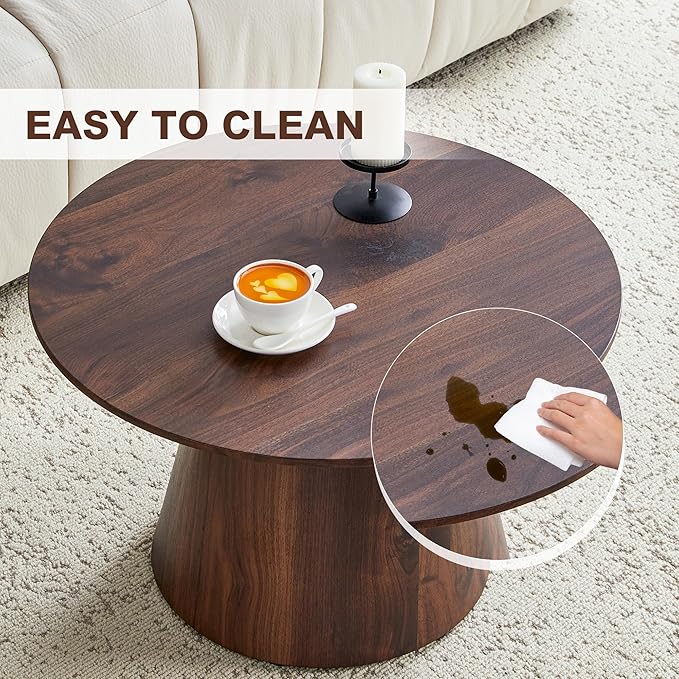 Walnut Coffee Table, 25.6" Small Coffee Table, Natural Wood Grain Round Tabletop with Wooden Cone Base, Round Living Room Table with Adjustable Feet, Mid Century Center Table for Apartment,Small Space
