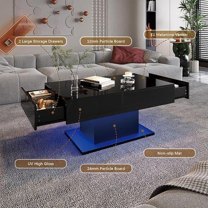Black Led Coffee Table with 2 Storage Drawers for Living Room, Living Room Table Rectangular Center Table, Modern High Glossy Wooden Coffee Tables with Lights for Dining Reception Room