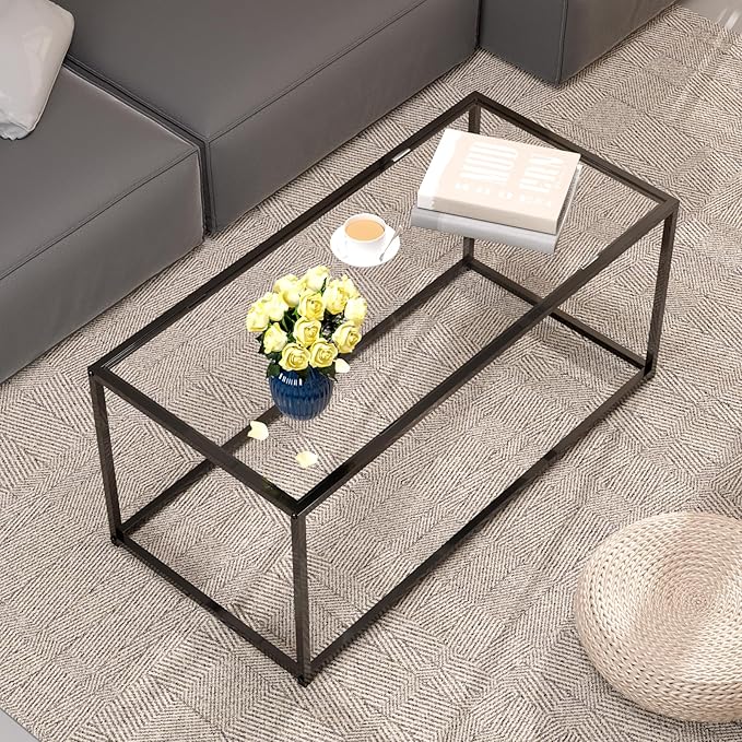 Glass Coffee Table Modern Center Table,Minimalist Coffee Table for Living Room,Tempered Glass-top with Sturdy Metal Frame, Easy Assembly,Black