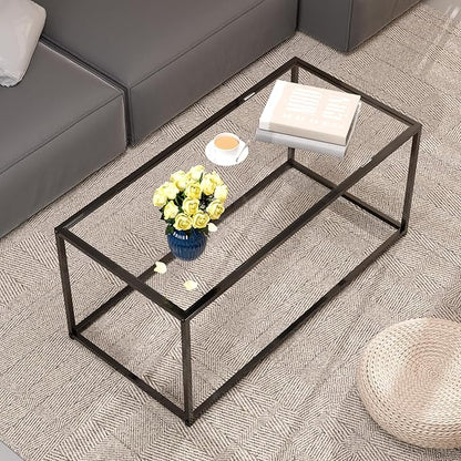 Glass Coffee Table Modern Center Table,Minimalist Coffee Table for Living Room,Tempered Glass-top with Sturdy Metal Frame, Easy Assembly,Black