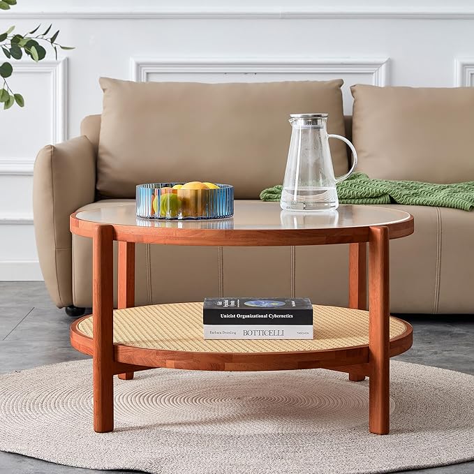 Mid Century Modern Coffee Table with Glass Top and PE Rattan Storage Shelf, 2-Tier 35 Inch Solid Wood Round Boho Coffe Table, Unique Center Table for Livinig Room Apartment Small Space