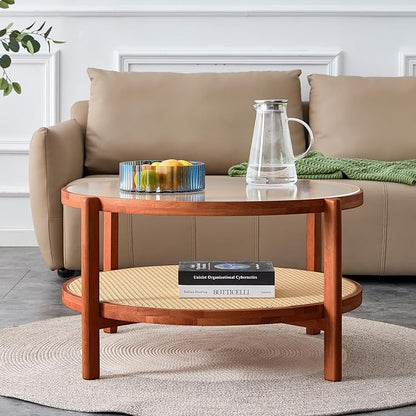 Mid Century Modern Coffee Table with Glass Top and PE Rattan Storage Shelf, 2-Tier 35 Inch Solid Wood Round Boho Coffe Table, Unique Center Table for Livinig Room Apartment Small Space