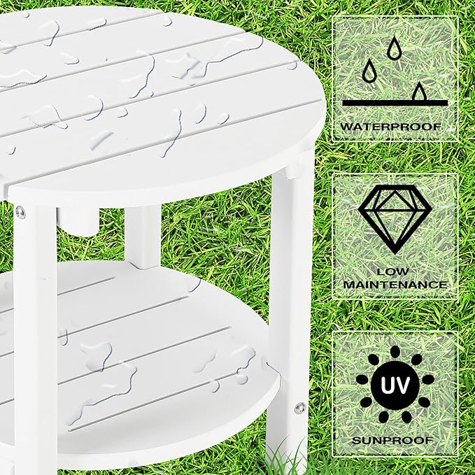 LZRS Round Adirondack Side Table Double End Table, Outdoor Side Tables for Patio, Backyard,Pool, Indoor Companion, Easy Maintenance & Weather Resistant(White)