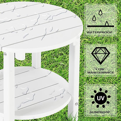 LZRS Round Adirondack Side Table Double End Table, Outdoor Side Tables for Patio, Backyard,Pool, Indoor Companion, Easy Maintenance & Weather Resistant(White)