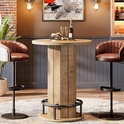 Tribesigns Round Bar Table, 39.4" H Wood Bistro Pub Table with Metal Ring Footrest for Dining Coffee Cocktail Living Room, Small Space, Light Brown(Only Table)