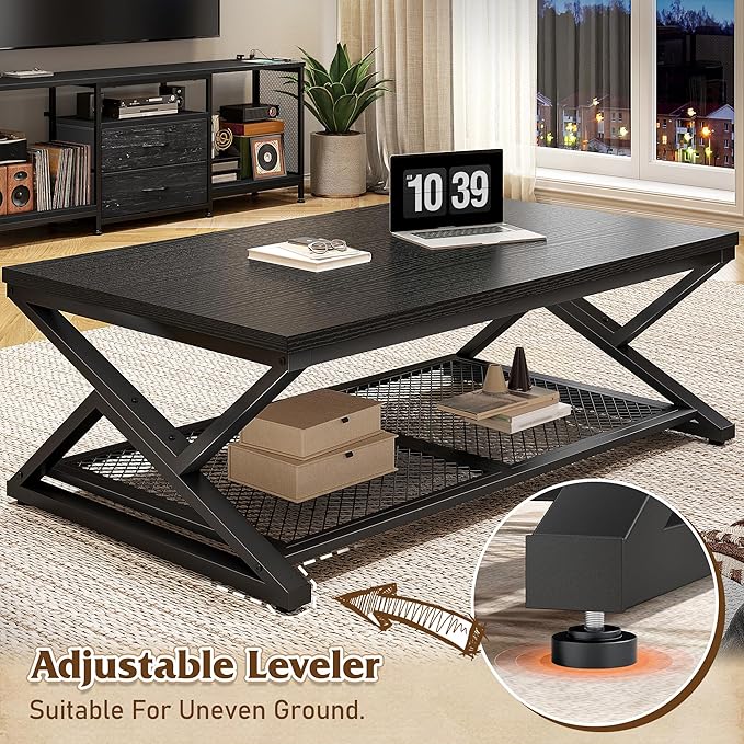 EnHomee Coffee Table with Storage, Modern Coffee Tables for Living Room with Mesh Shelf, 2 Tier Rectangular Center Table for Living Room, Bedroom, 47.2 Inch, Black Oak