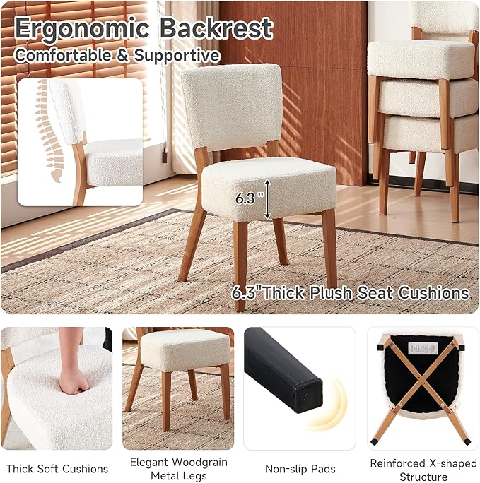 Howtek Modern Dining Chairs Set of 4 with 6.3" Thick Seat Cushions, Space-Saving Stackable Upholstered Kitchen Chairs, Ergonomic Backrest & Metal Legs, White