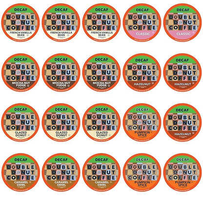 Double Donut Coffee Decaf Flavored Coffee Single Serve Cups For Keurig K Cup Brewer Variety Pack Sampler, 20Count