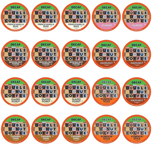 Double Donut Coffee Decaf Flavored Coffee Single Serve Cups For Keurig K Cup Brewer Variety Pack Sampler, 20Count