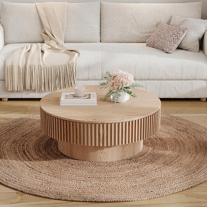 31.5 Inch Round Drum Coffee Table with Storage, Modern Handcraft Fluted Drum Coffee Table, Wooden Round Coffee Table Center Table with Sturdy Pedestal for Living Room Apartment (Natural)