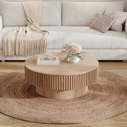 31.5 Inch Round Drum Coffee Table with Storage, Modern Handcraft Fluted Drum Coffee Table, Wooden Round Coffee Table Center Table with Sturdy Pedestal for Living Room Apartment (Natural)