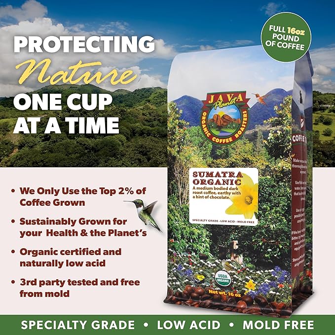 Low Acid Organic Coffee – Whole Bean, Mold-Free & Stomach Friendly by Java Planet, Sumatran Single Origin Coffee, Dark Roast, Smooth Full Flavored, 2x1LB Bag