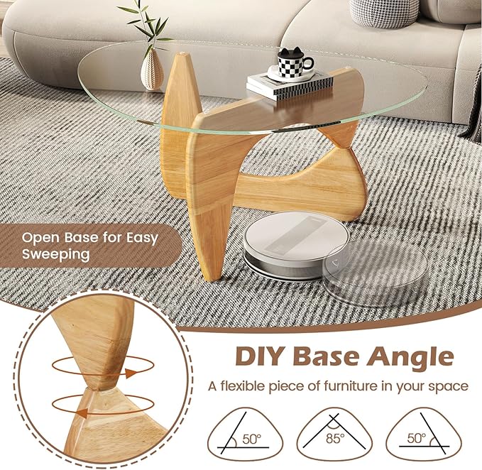 Tangkula Triangle Glass Coffee Table, Mid-Century Modern Center Table with Tempered Glass Top & Adjustable Rubber Wood Base, Small Coffee Table for Small Spaces, Living Room & Reception Room (Natural)