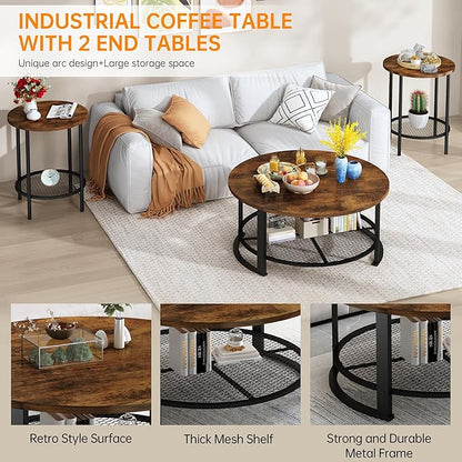 DKLGG 3-Piece Coffee Table and End Table Sets for Living Room, Round Coffee and End Table Set of 3 with Large Storage, Modern Farmhouse Furniture for Apartment Home (Rustic Brown)