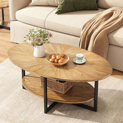 Solid Wood Oval Coffee Table with Cross Metal Legs, 43.3in Modern Industrail Center Table with Open Shelf Cocktail Tea Table for Living Room Bedroom, Rustic Nature 1811