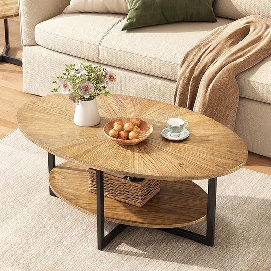 Solid Wood Oval Coffee Table with Cross Metal Legs, 43.3in Modern Industrail Center Table with Open Shelf Cocktail Tea Table for Living Room Bedroom, Rustic Nature 1811