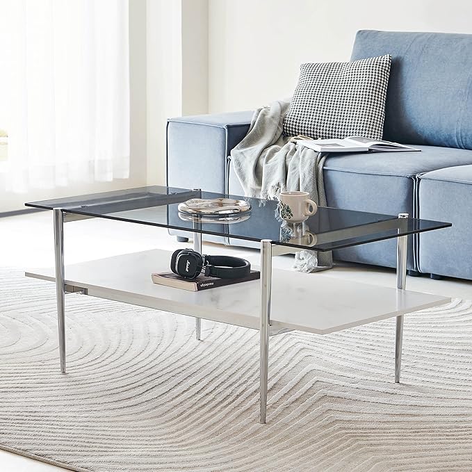 AGV LIGHTING Tadio Glass Coffee Table, Mid-Century Modern Coffee Table for Living Room, Chrome Finish Leg, Gray Glass Top & Faux Marble Wood Shelf, 41 in