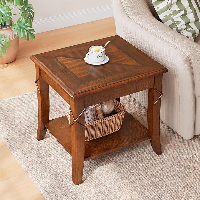 PADMA HOUSE Solid Wood End Table with Shelf, Vintage Rectangle Sofa Side Table with Dual Hourglass Tabletop, Apartment Telephone Table with Curved Legs for Living Room, 19.7 * 17.7 * 19.7in