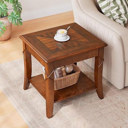 PADMA HOUSE Solid Wood End Table with Shelf, Vintage Rectangle Sofa Side Table with Dual Hourglass Tabletop, Apartment Telephone Table with Curved Legs for Living Room, 19.7 * 17.7 * 19.7in