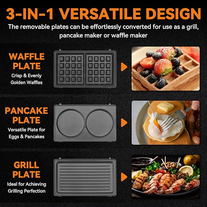 Baker’s Friend 3 in 1 Mini Waffle Maker with Removable Plates, Dual Waffle & Pancake and Grill Plates, Breakfast Sandwich Maker Press, Dishwasher Safe, Non-stick Coating, Graphite