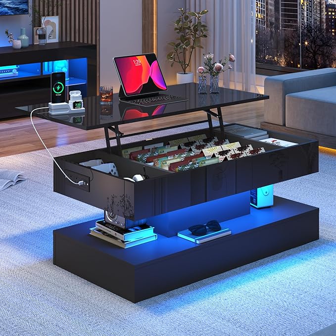 39.4" Large Lift Top Coffee Table,Modern High Glossy LED Coffee Tables for Living Room with Storage,Black Living Room Tables for Living Rooms,Dining Room,Bedroom Home Office,APP LED Lights（Black）