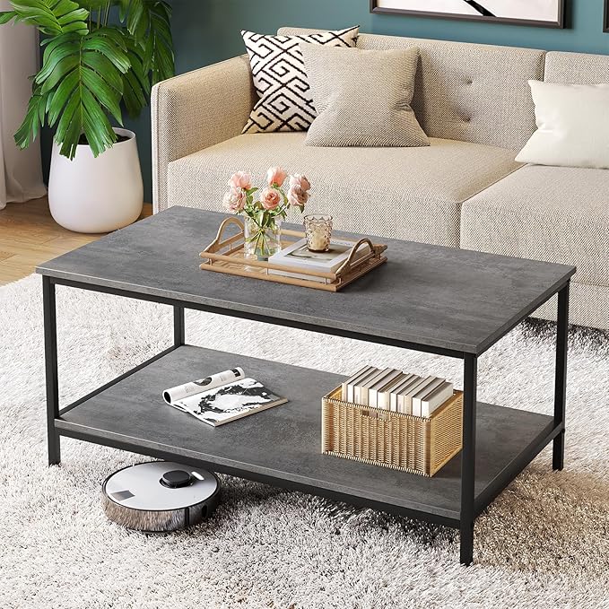 SAYGOER Coffee Table with Storage 2-Tier Industrial Center Table for Living Room, Rectangle Wood Table for Small Spaces Apartment Home Office, Concrete Gray