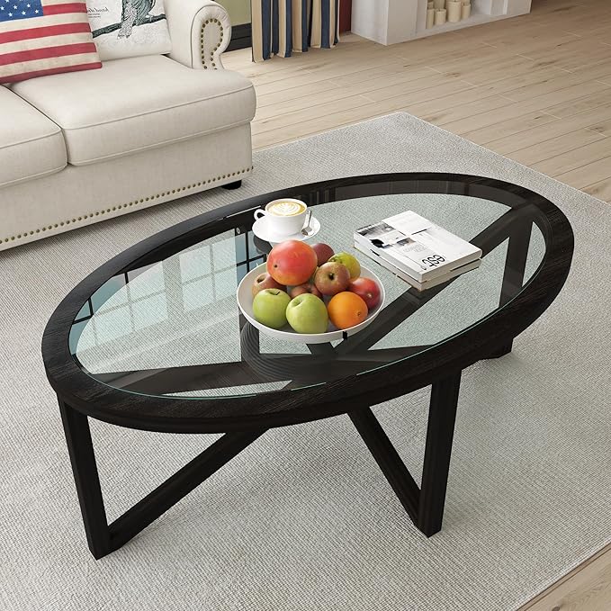 Wooden Coffee Table End Table Sets of 3 Oval Black Modern Living Room Table Set Tempered Glass Top Round Side Table, Black Brown