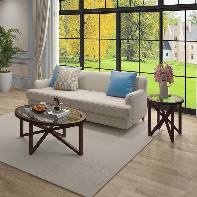 Glass Coffee Table Modern Simple Oval Transparent Tempered Glass Top and Wood Base, Office Terrace Study Accent Coffee Table Center Table, Cherry