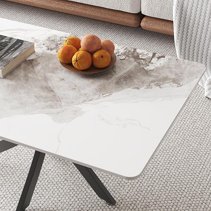 White Marble Coffee Table with Metal Legs, Rectangle Modern Sintered Stone Living Room Table for Home Office Living Room (40” x 20” x 17”)