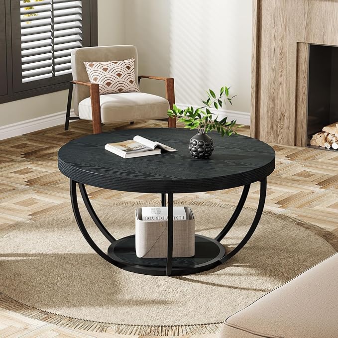 Tribesigns Black Round Coffee Table, 31.7" Modern 2-Tier Circle Coffee Table with Storage Shelves, Accent Cocktail Table Center Table for Living Room