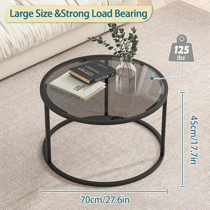 Glass Coffee Table Modern Center Table,Minimalist Round Coffee Tea Table,Tempered Glass-top with Sturdy Metal Frame for Living Room Bedroom Office and Small Space, 27 x 27 x 17 Inch,Gray Black