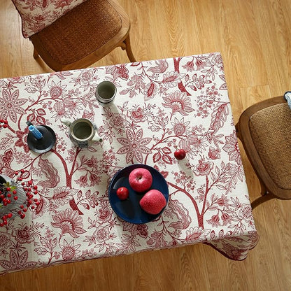 Designer French Linen Long Rectangle Tablecloth,Red Floral Washable Indoor Table Cloth,Durable Home Decor Tablecloths for Dining Thanksgiving Kitchen Party Christmas,63"*94"-Ruyi A