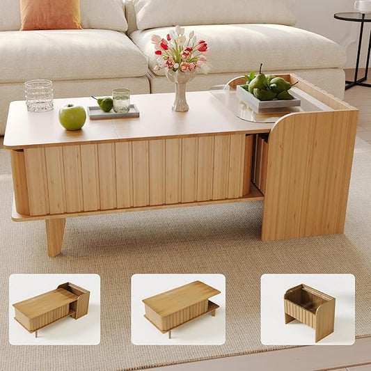 Extendable Coffee Table with Storage, Wood Coffee Table with Hidden Compartment, Expandable Coffee Tables with Side Table for Living Home(Natural)